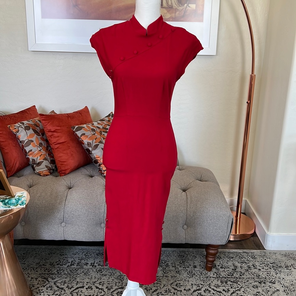 Stop Staring mandarin collar, cap sleeve, bright red wiggle dress